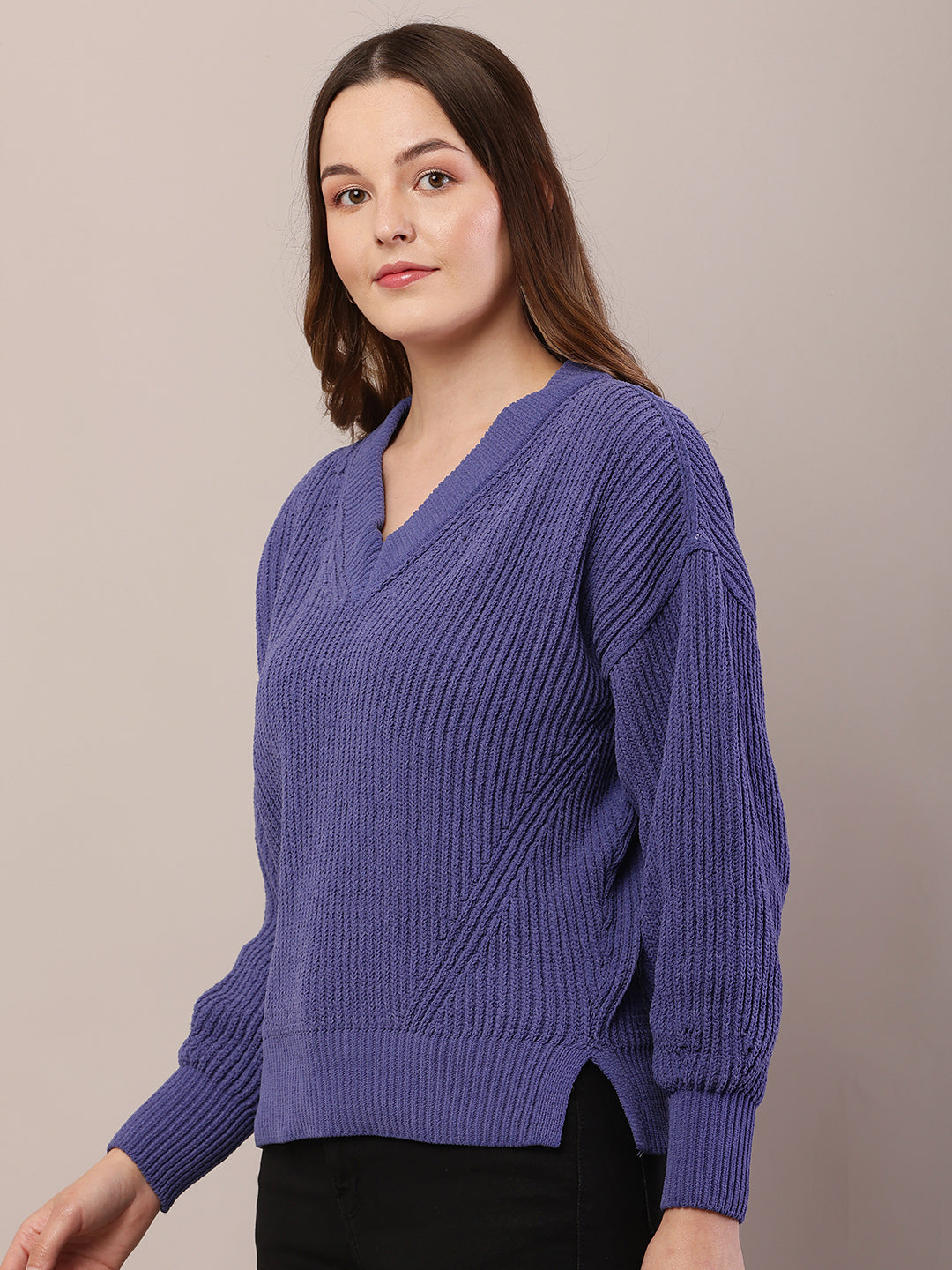 Women blue acrylic knitted v-neck sweater