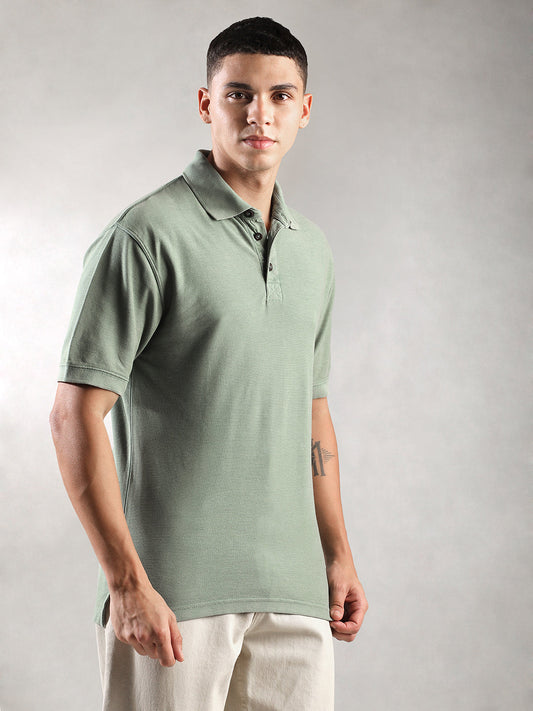 Men Sage Drop Shoulder Oversize Polo T-Shirt