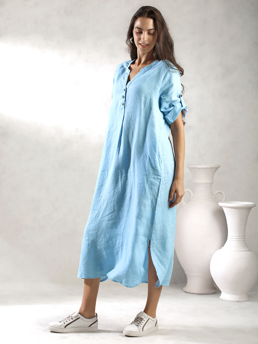 Women Blue Comfort Fit Linen Dress