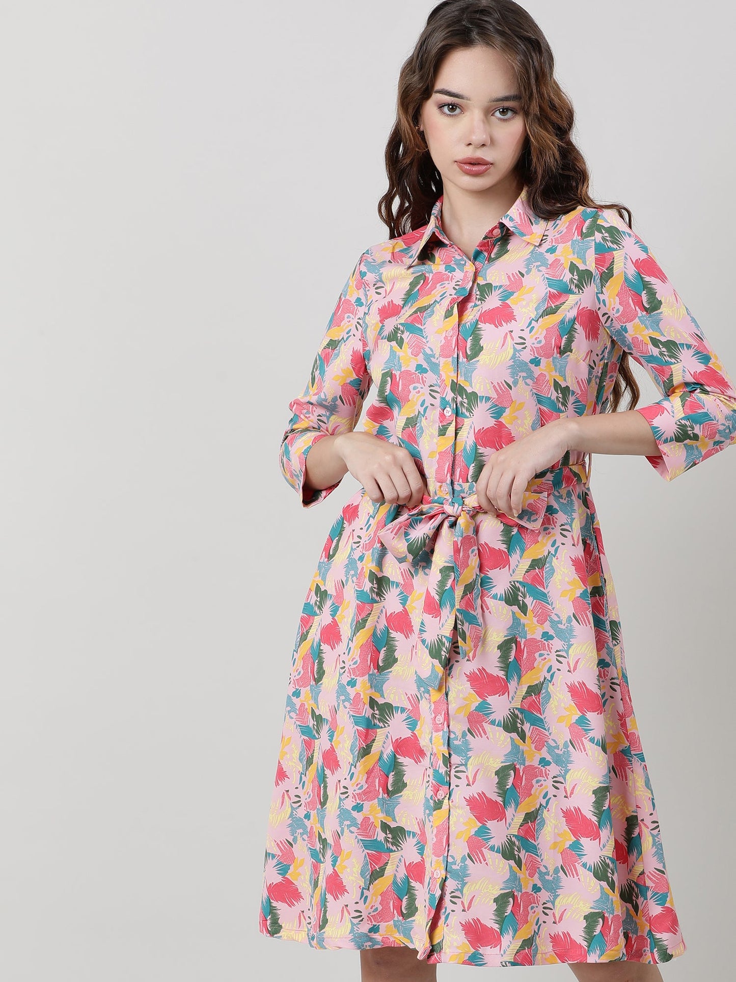 Women Printed With Belt A Line Dress