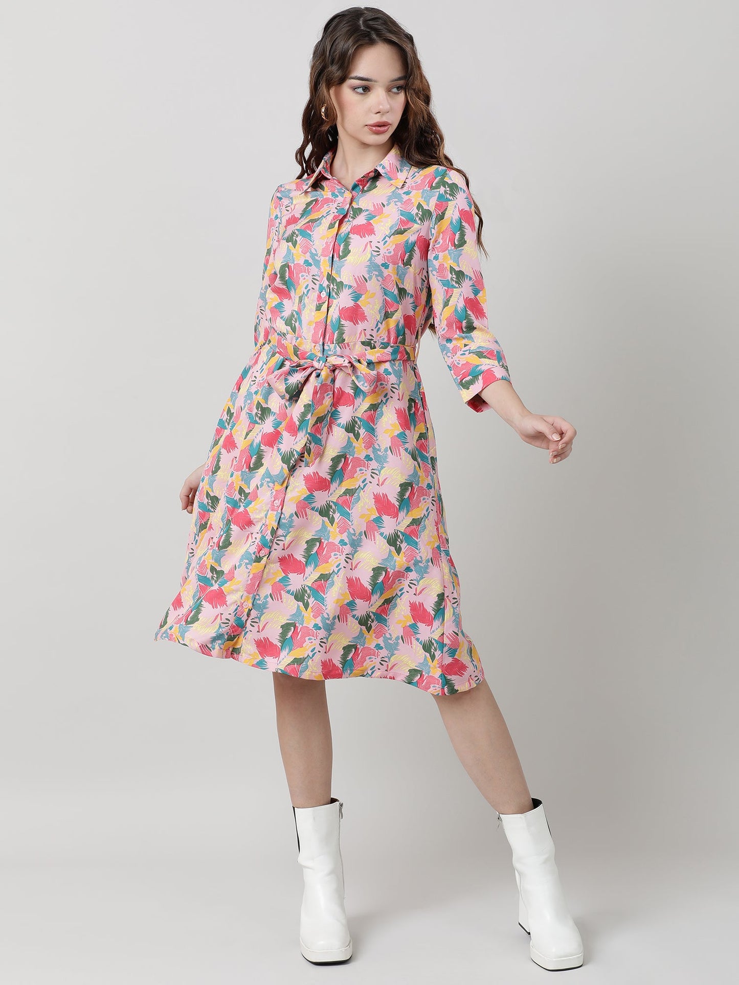 Women Printed With Belt A Line Dress