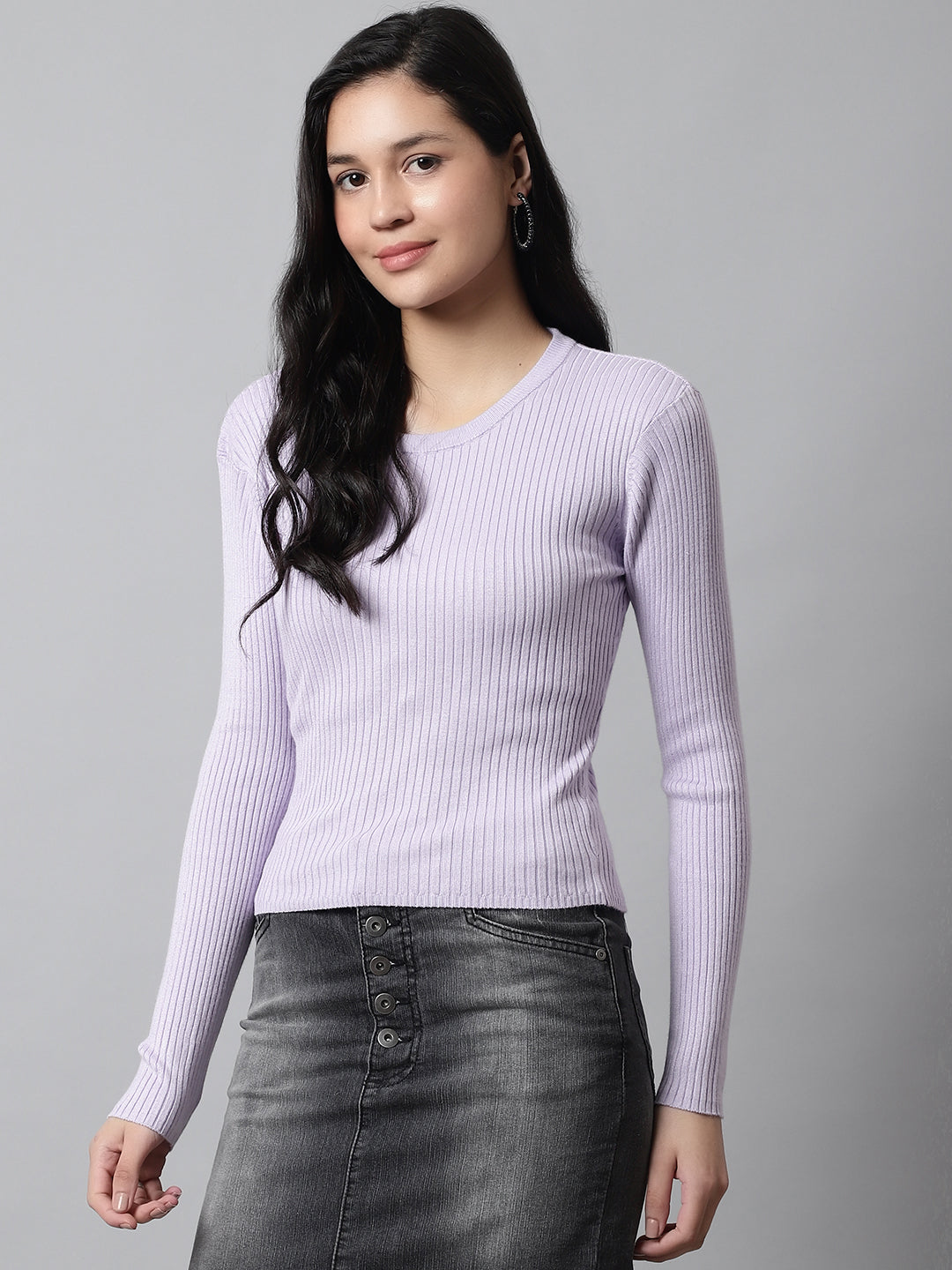 Women Purple Ribbed Sweater