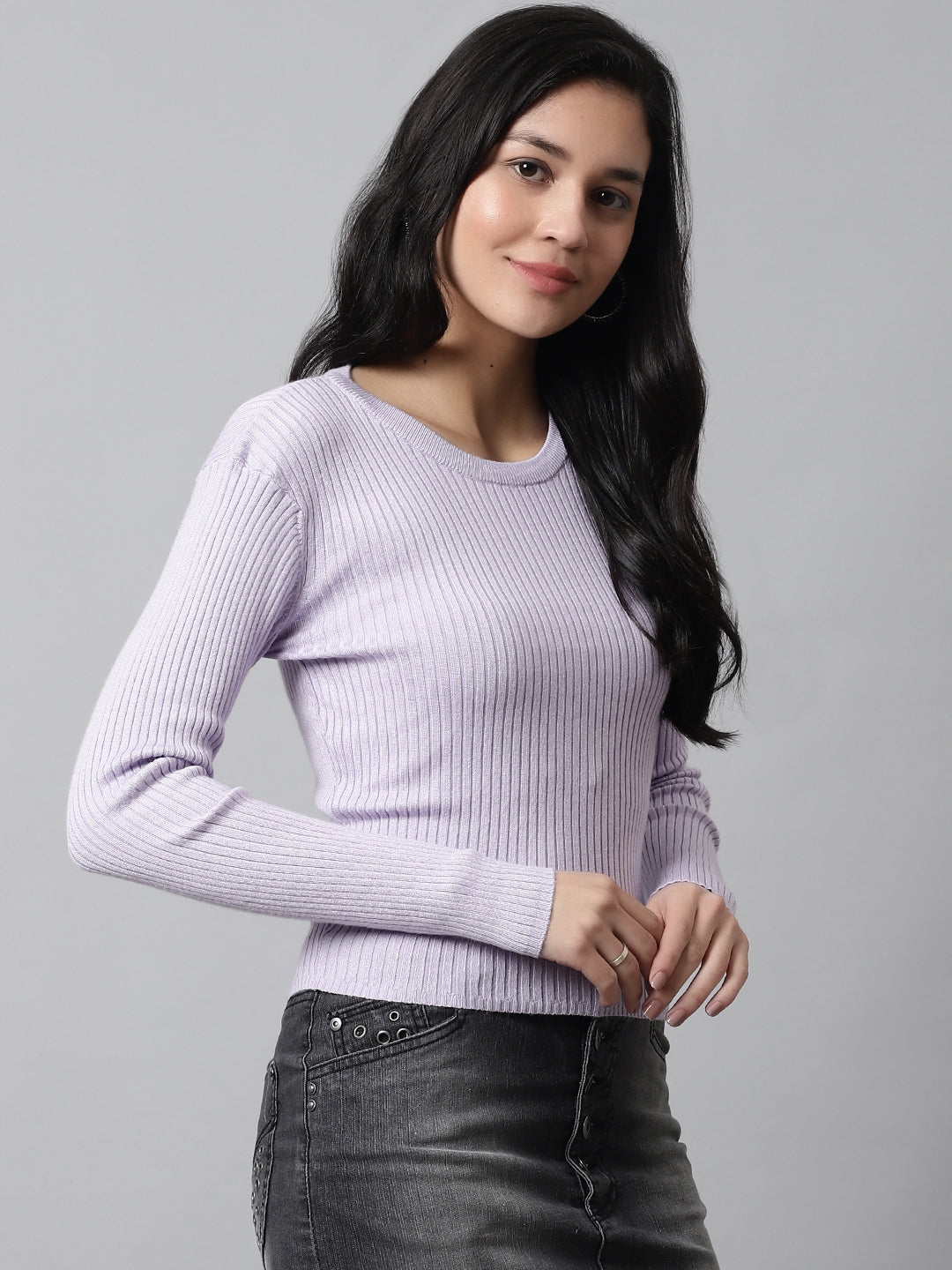 Women Purple Ribbed Sweater