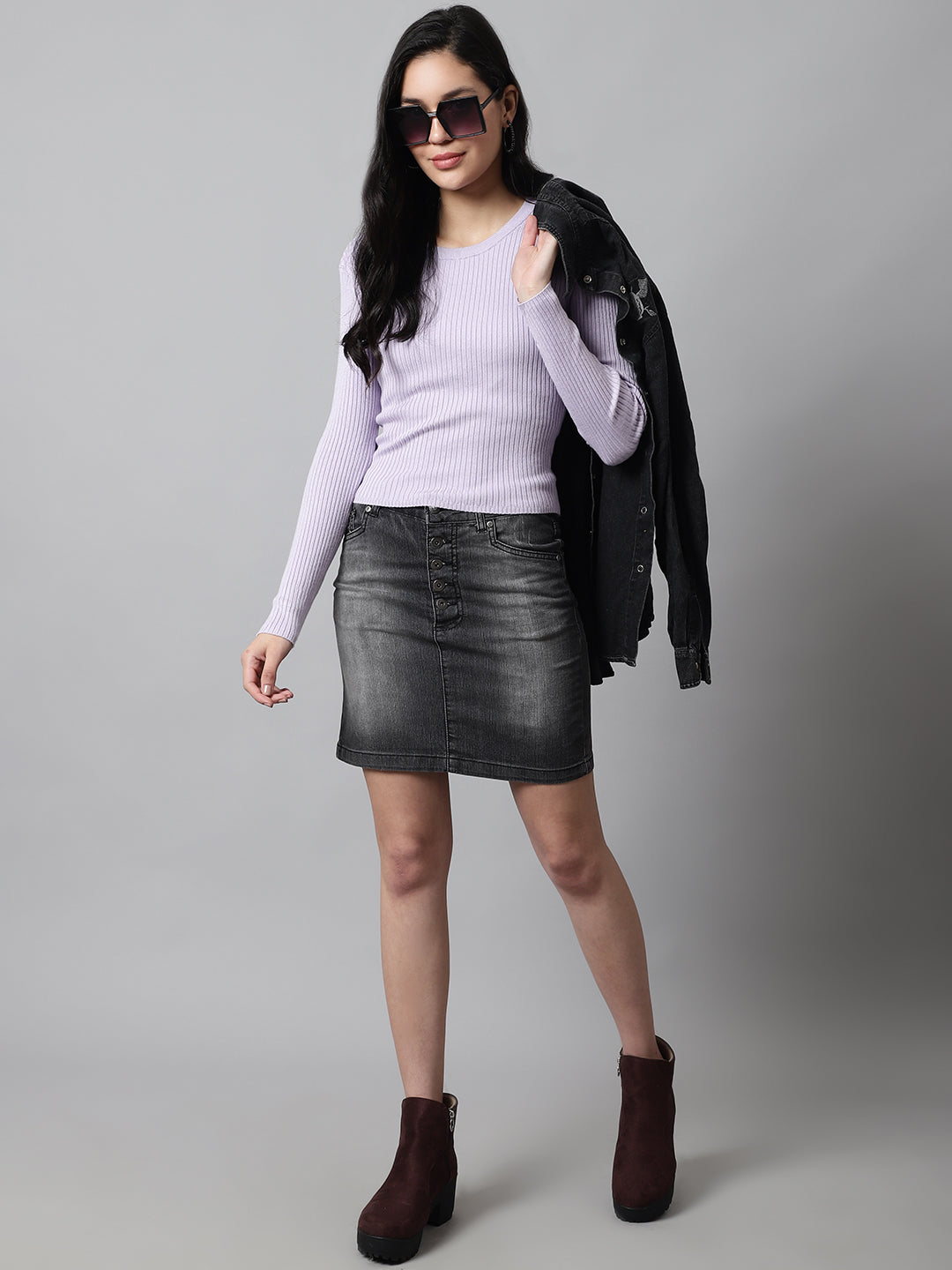 Women Purple Ribbed Sweater