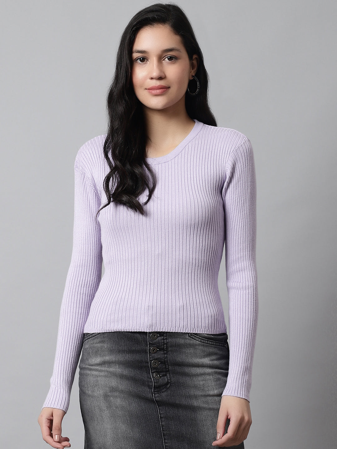 Women Purple Ribbed Sweater