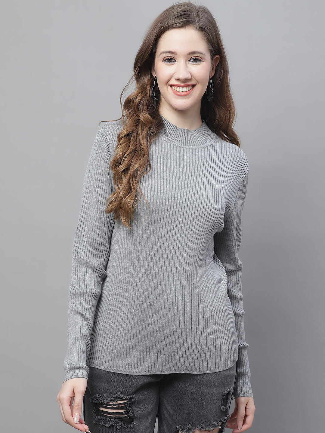 Women Grey Ribbed Turtleneck