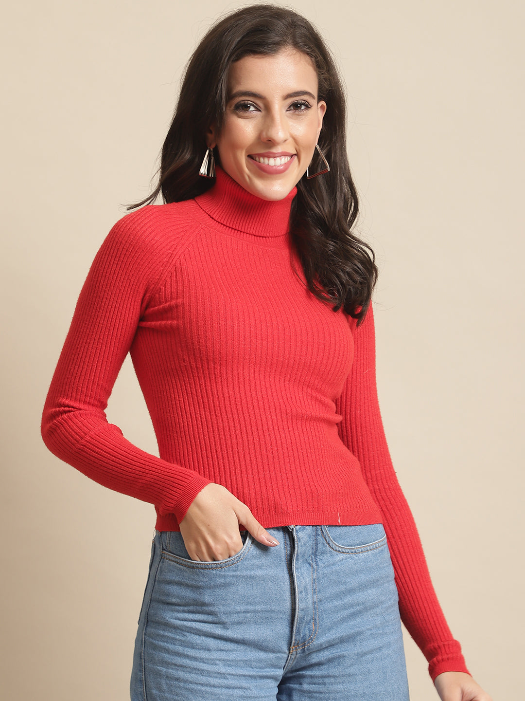 Women Red Ribbed Viscose Sweater