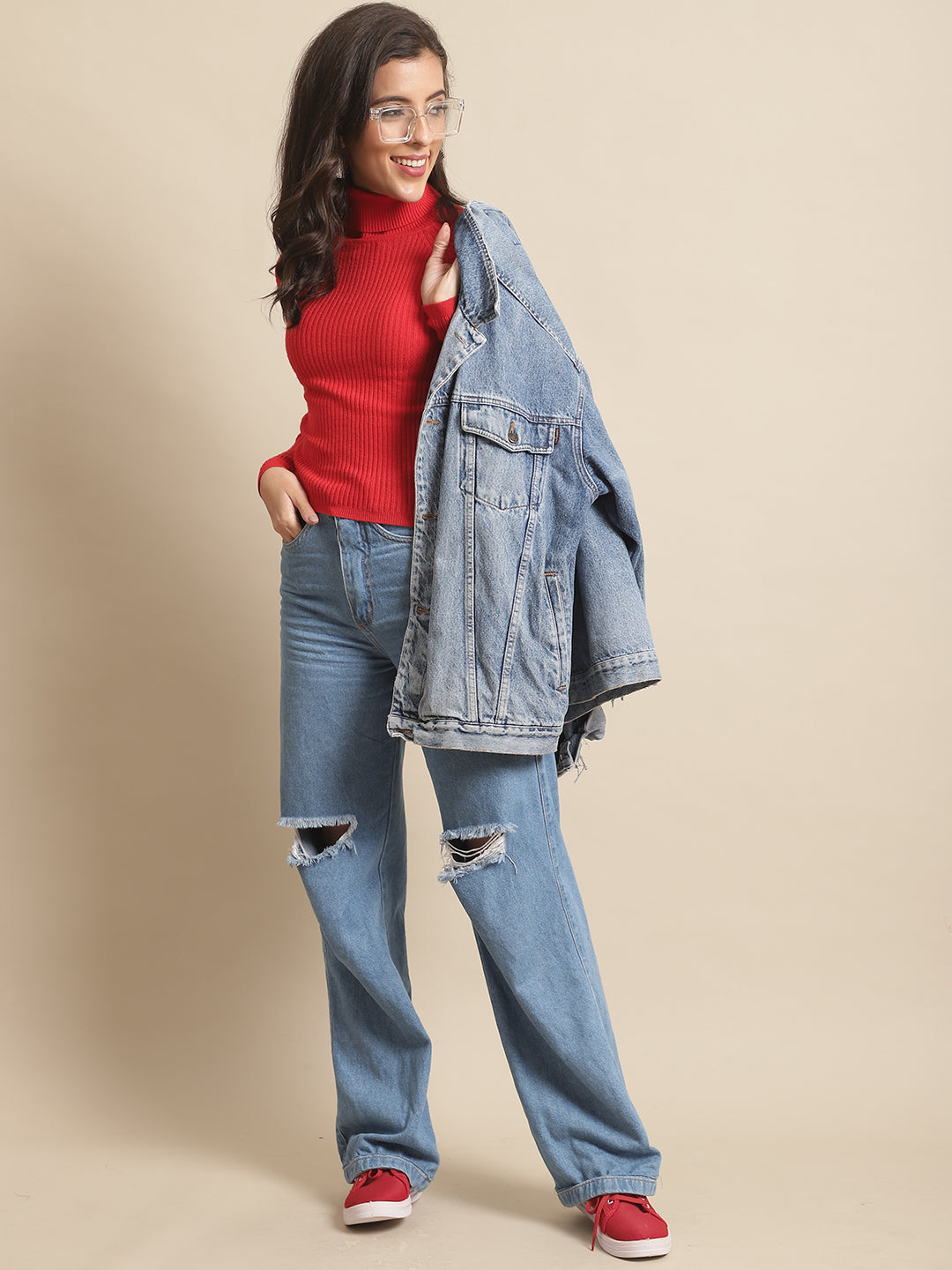 Women Red Ribbed Viscose Sweater