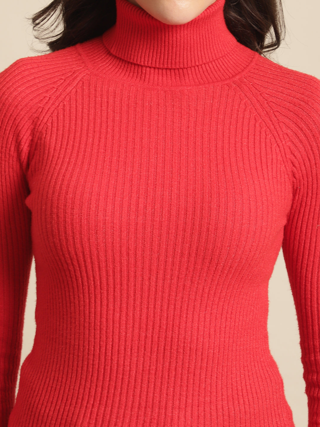 Women Red Ribbed Viscose Sweater