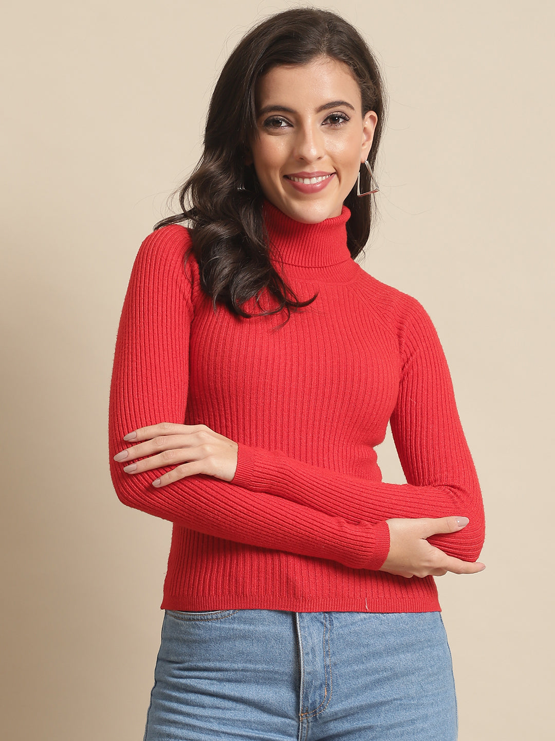 Women Red Ribbed Viscose Sweater