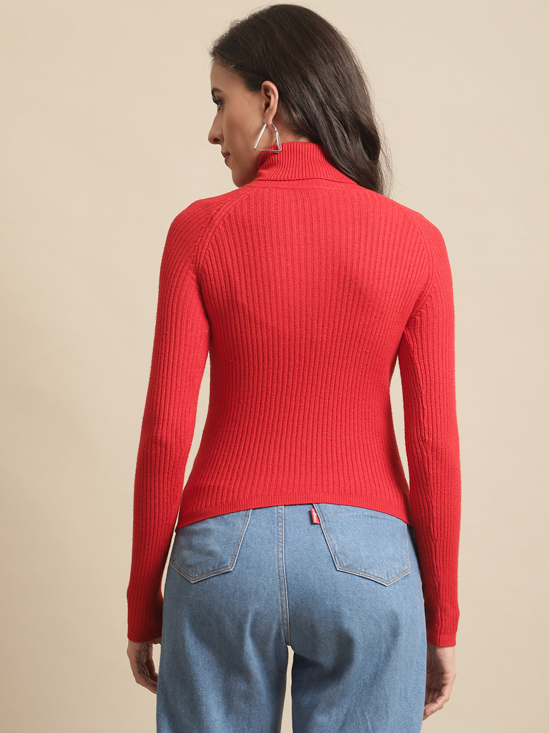 Women Red Ribbed Viscose Sweater