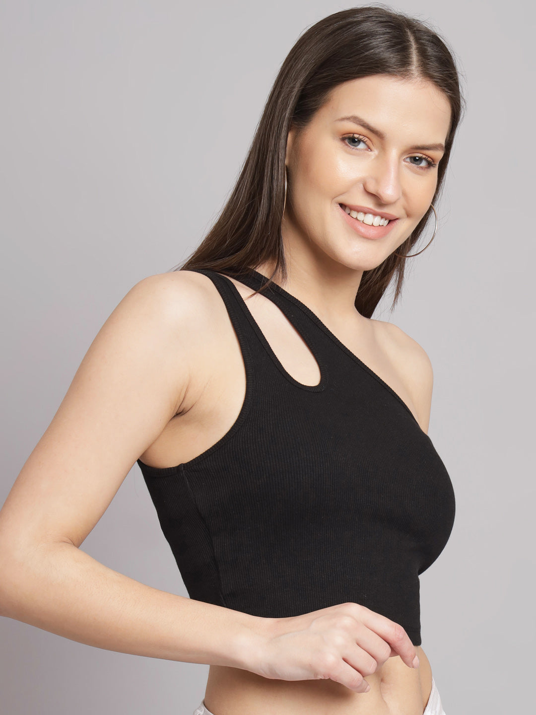 Women Black One Shoulder Top