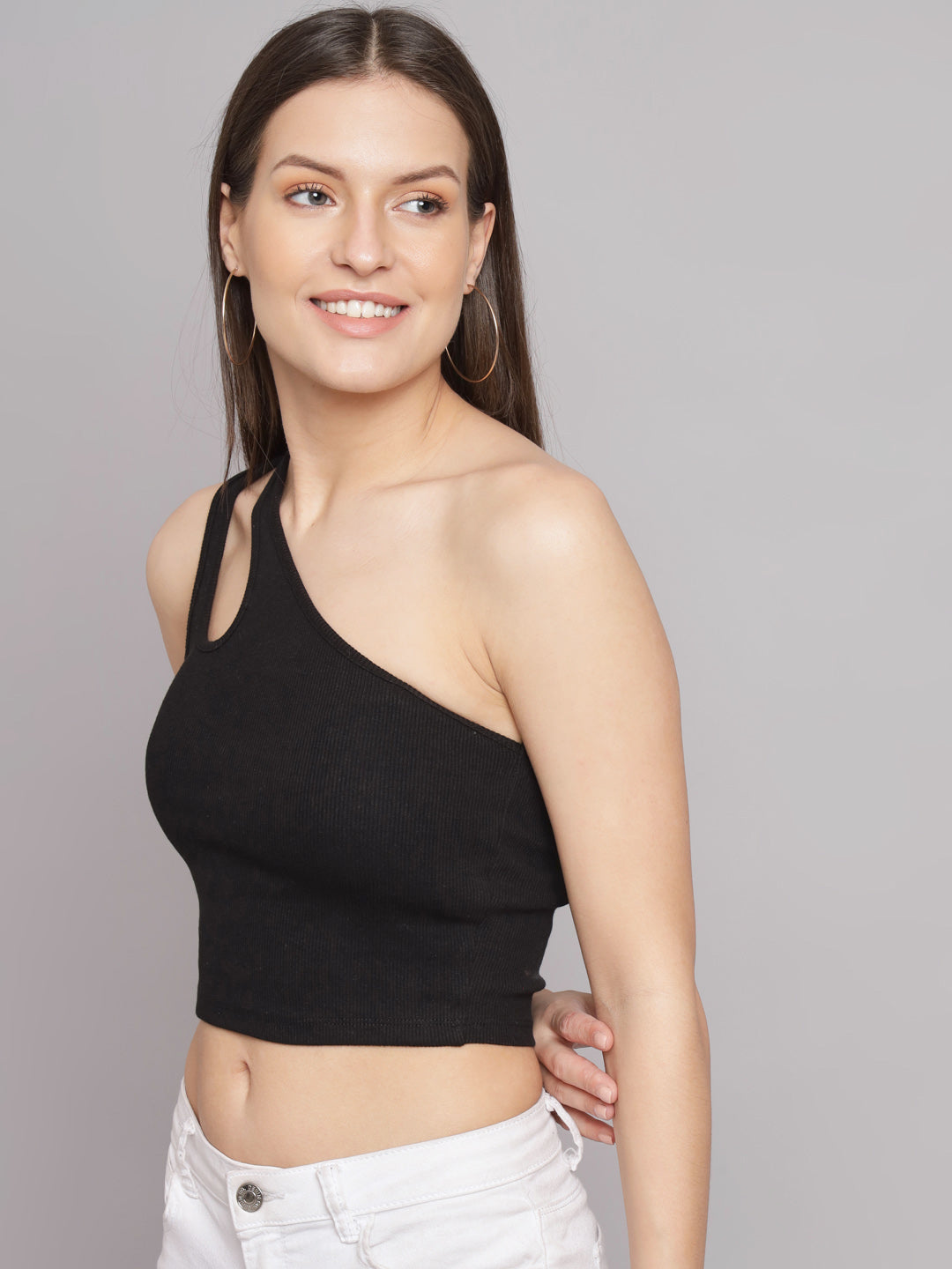 Women Black One Shoulder Top