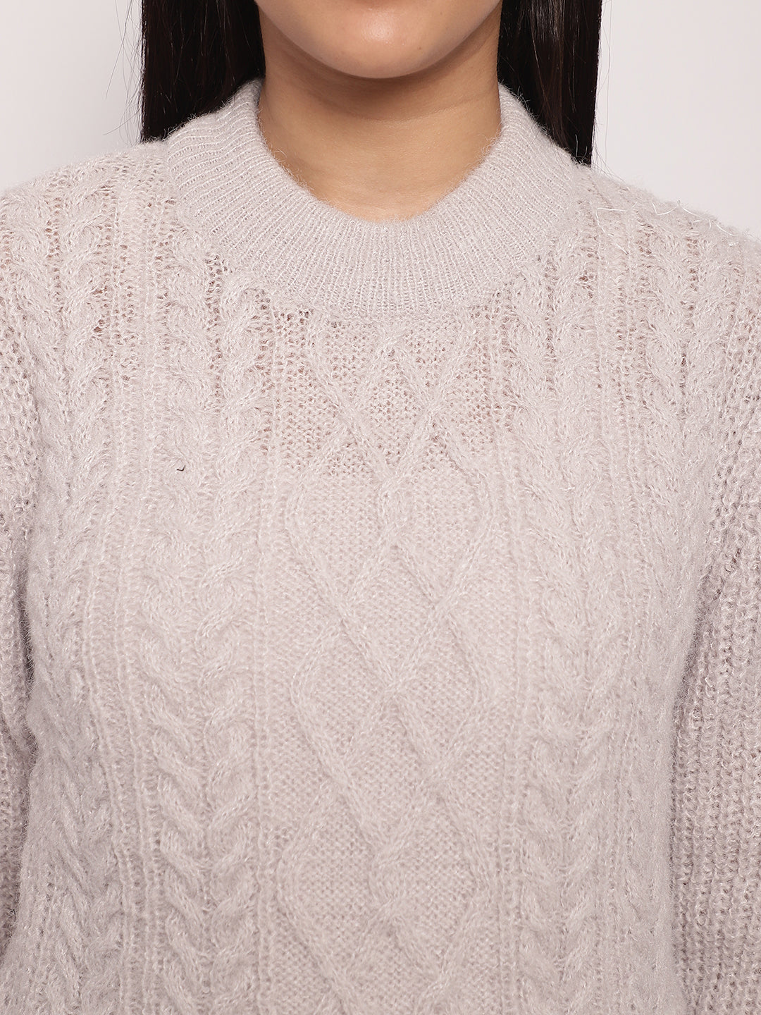 Women Light Grey Cable Knit Sweater