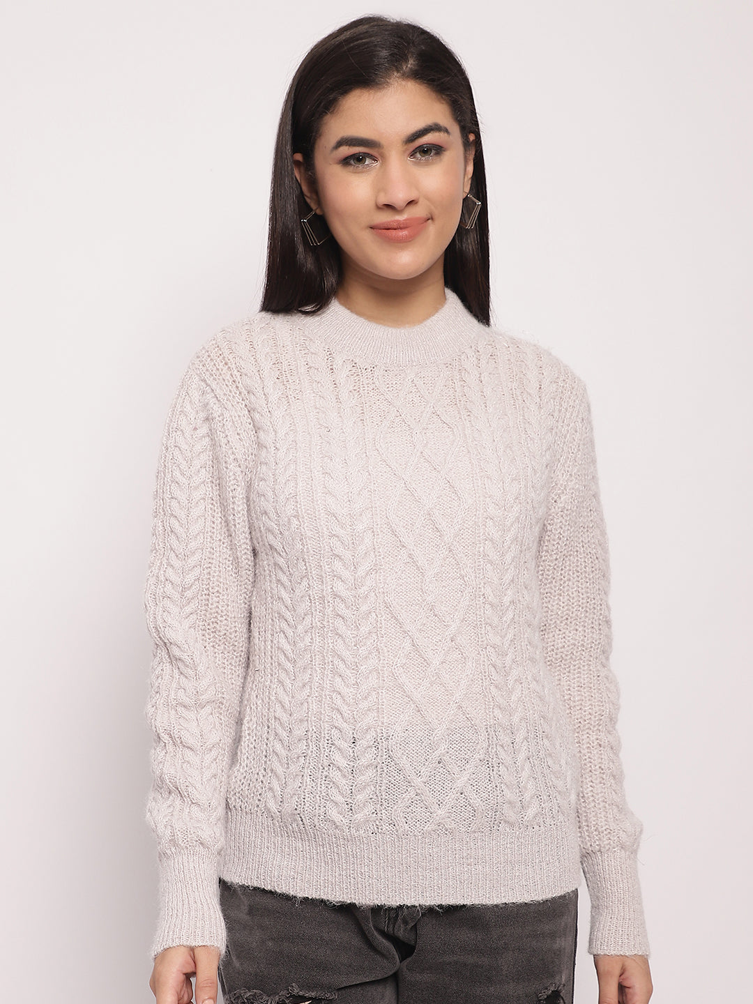 Women Light Grey Cable Knit Sweater