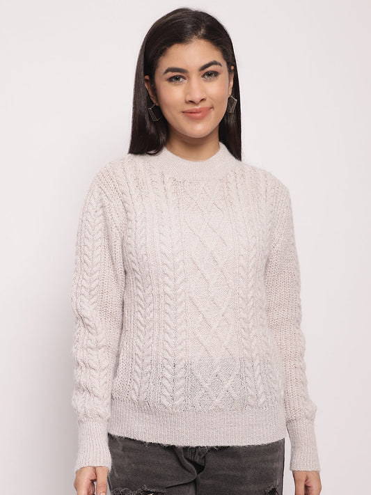 Women Light Grey Cable Knit Sweater