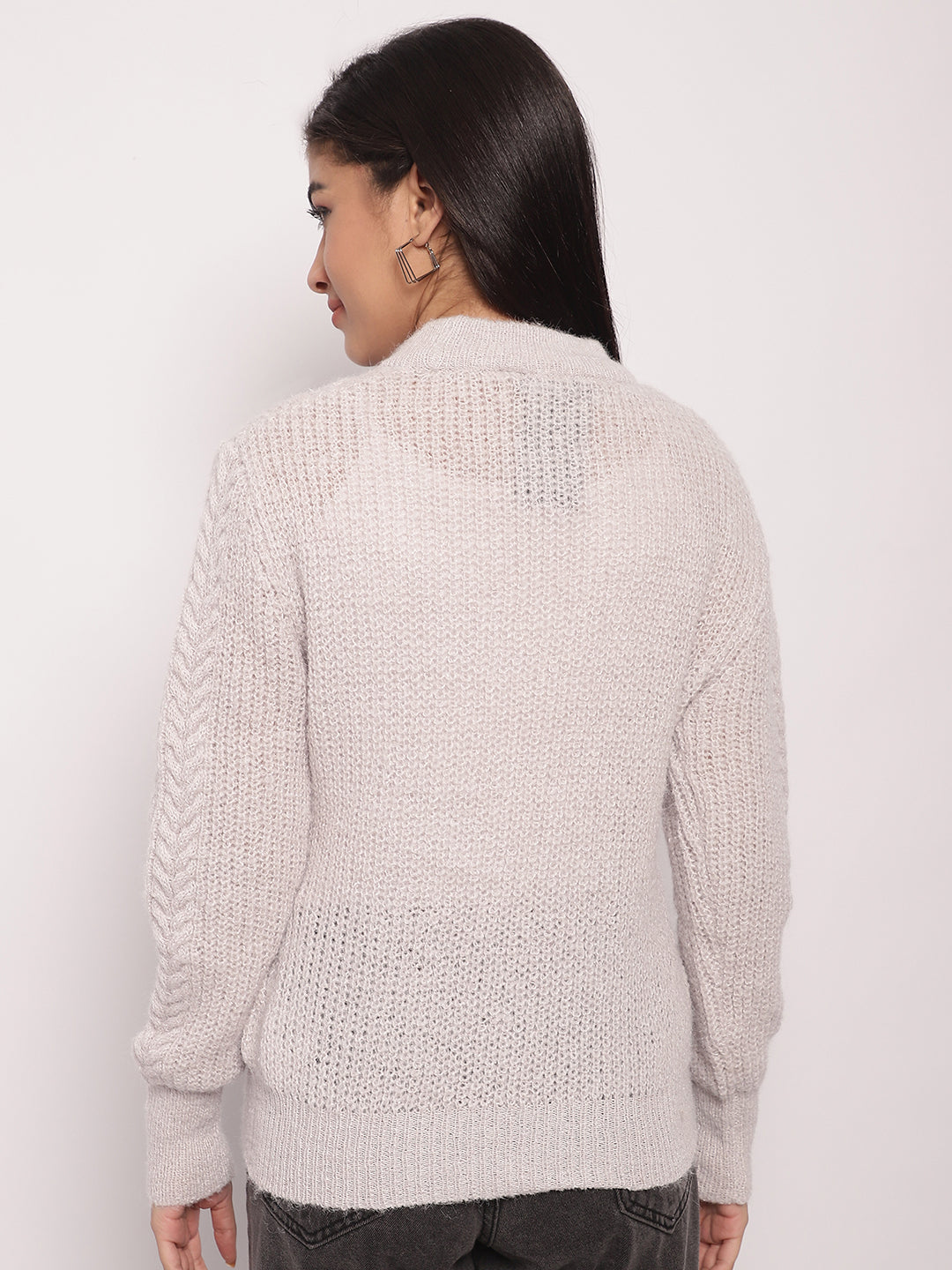 Women Light Grey Cable Knit Sweater