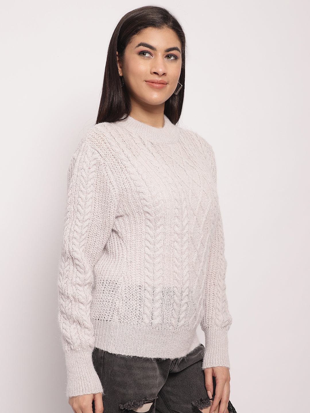 Women Light Grey Cable Knit Sweater