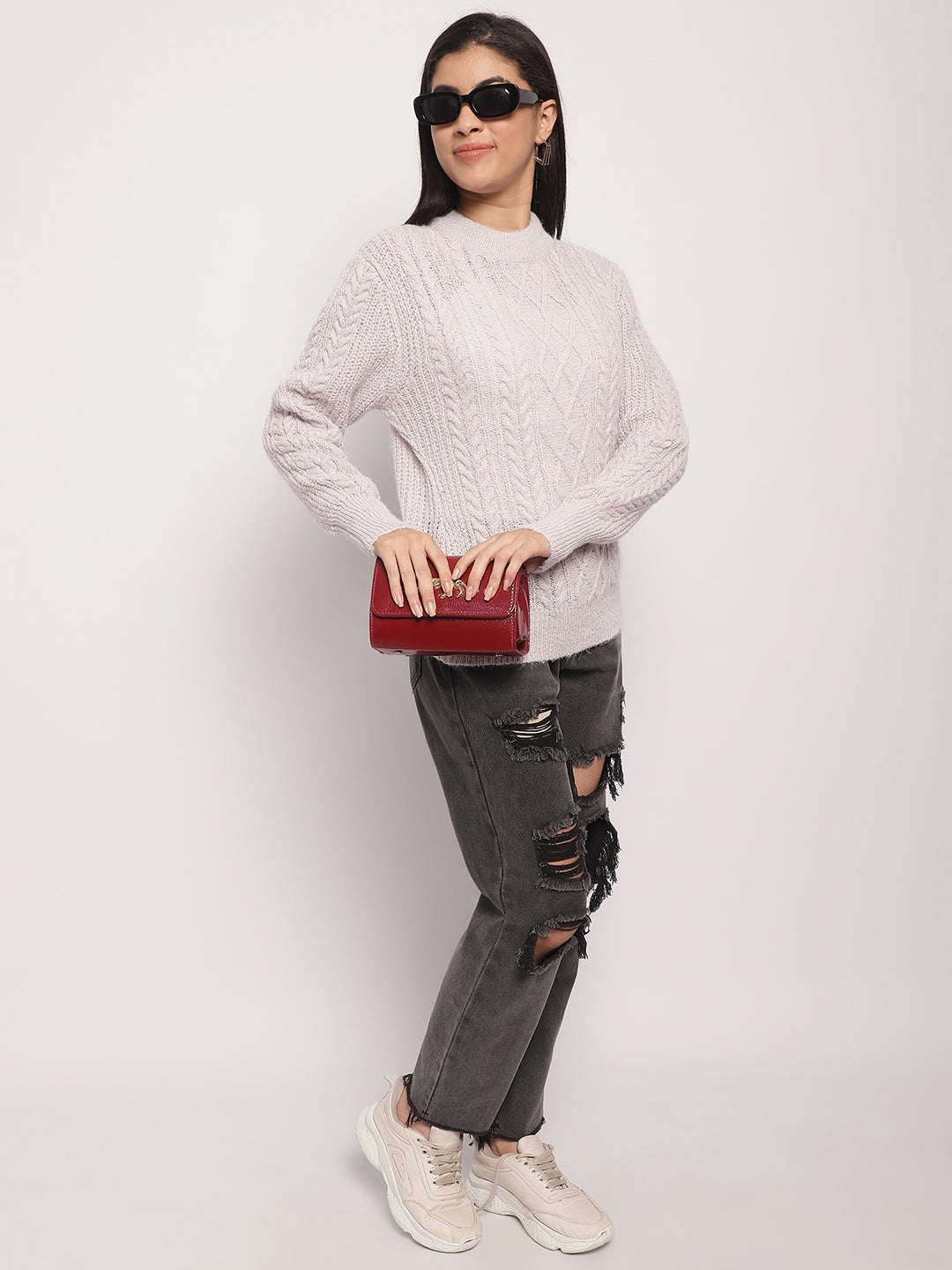 Women Light Grey Cable Knit Sweater