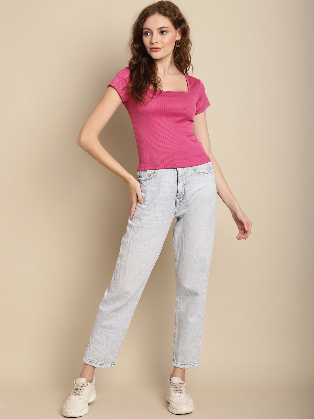 Women Pink Square Neck Summer Top