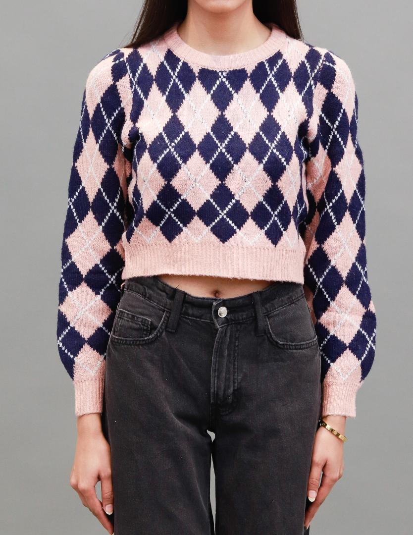 Women Dark Pink Checkered Sweater