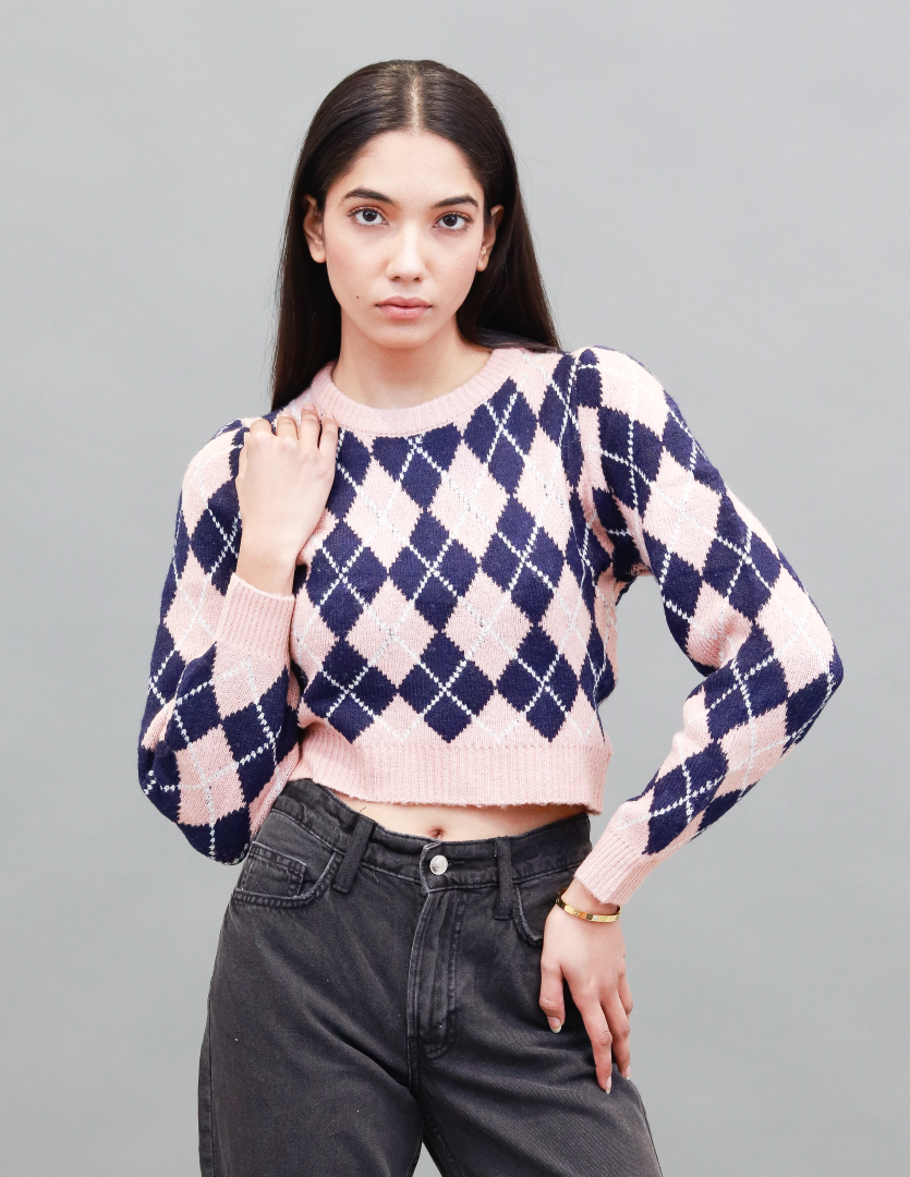 Women Dark Pink Checkered Sweater