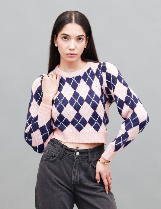 Women Dark Pink Checkered Sweater