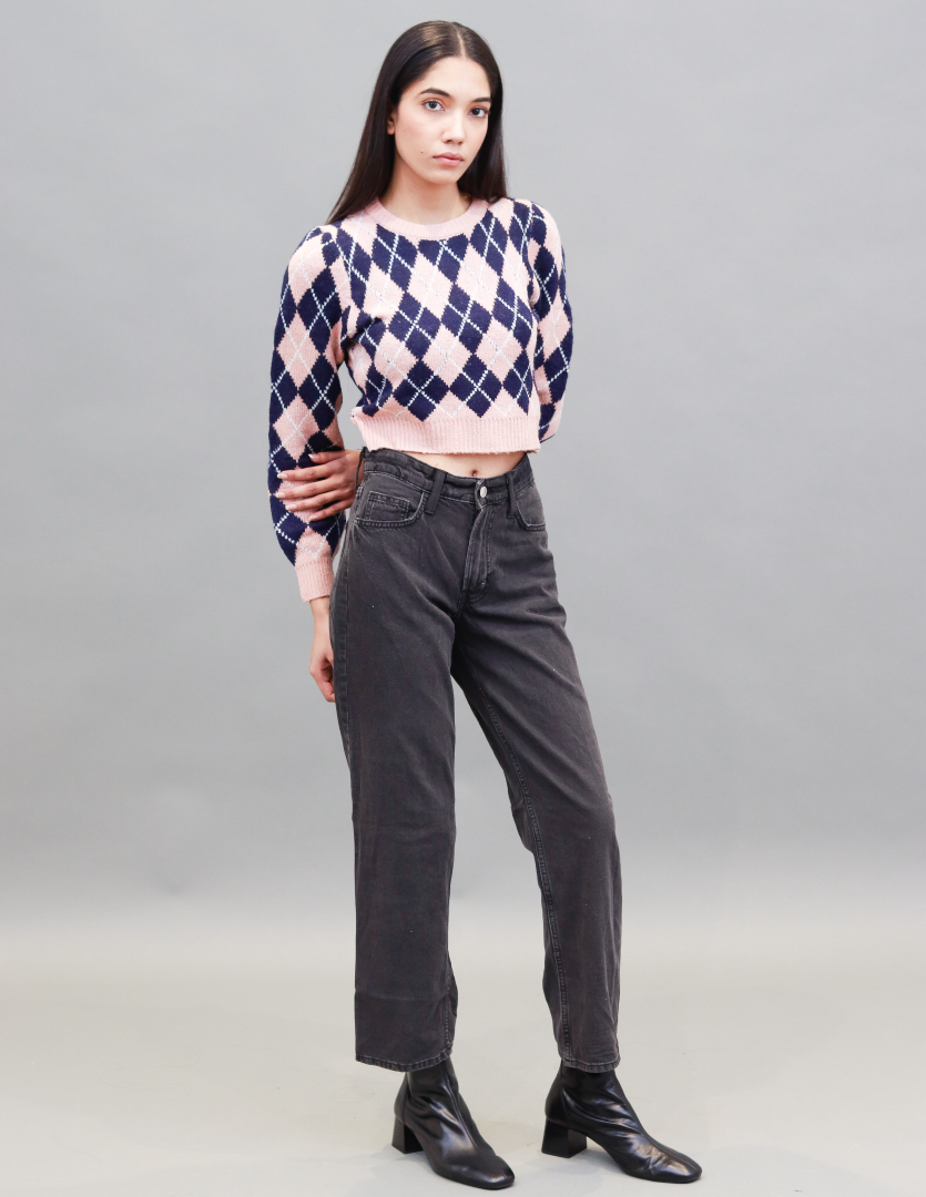 Women Dark Pink Checkered Sweater