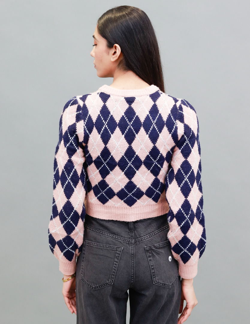 Women Dark Pink Checkered Sweater