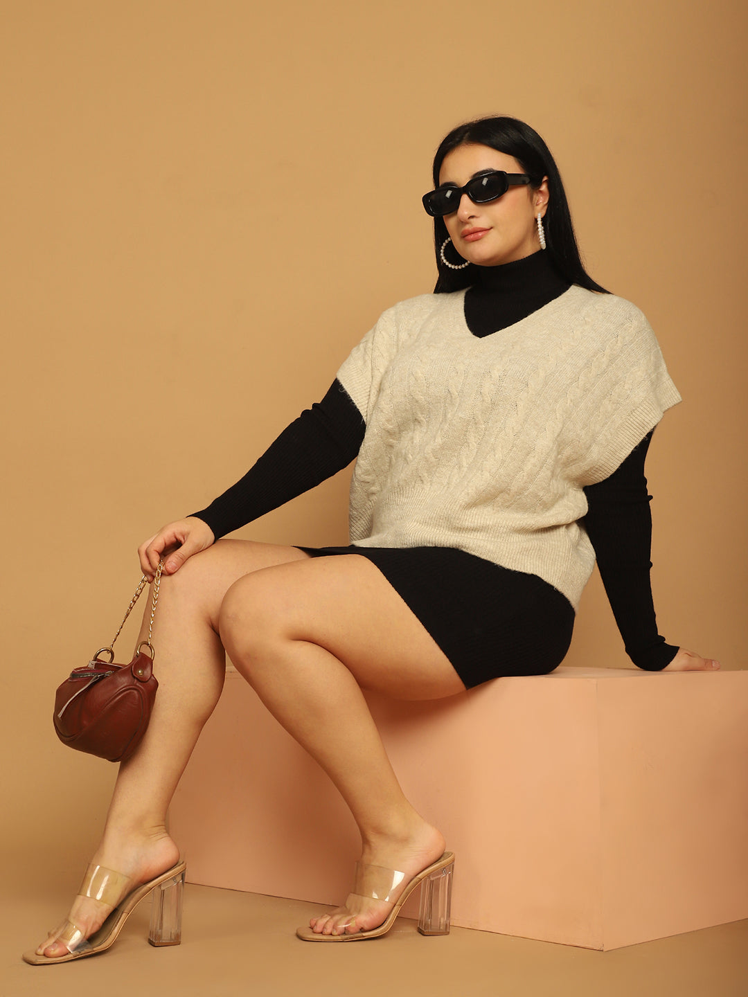 Women Beige V Neck Sweater