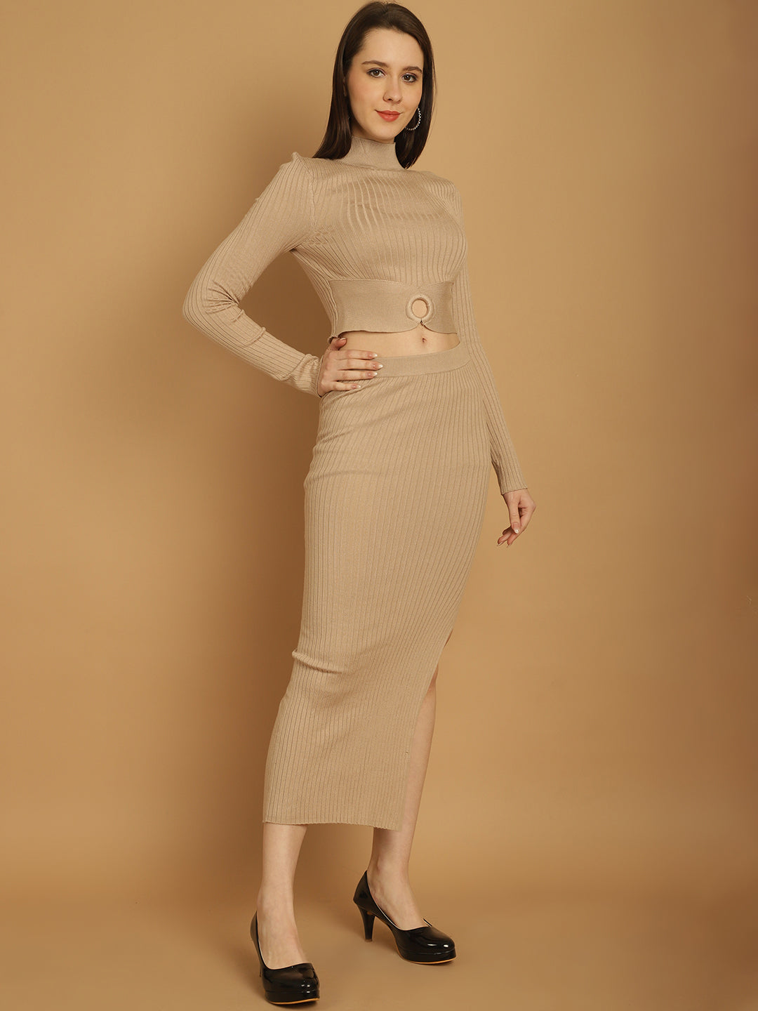 Women Beige Knit Skirt Set