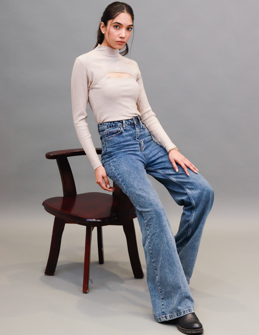 Women Beige Cut Out Turtleneck Crop