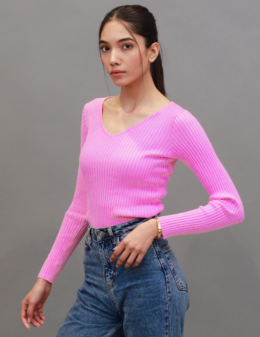 Women Pink V Neck Crop Sweater