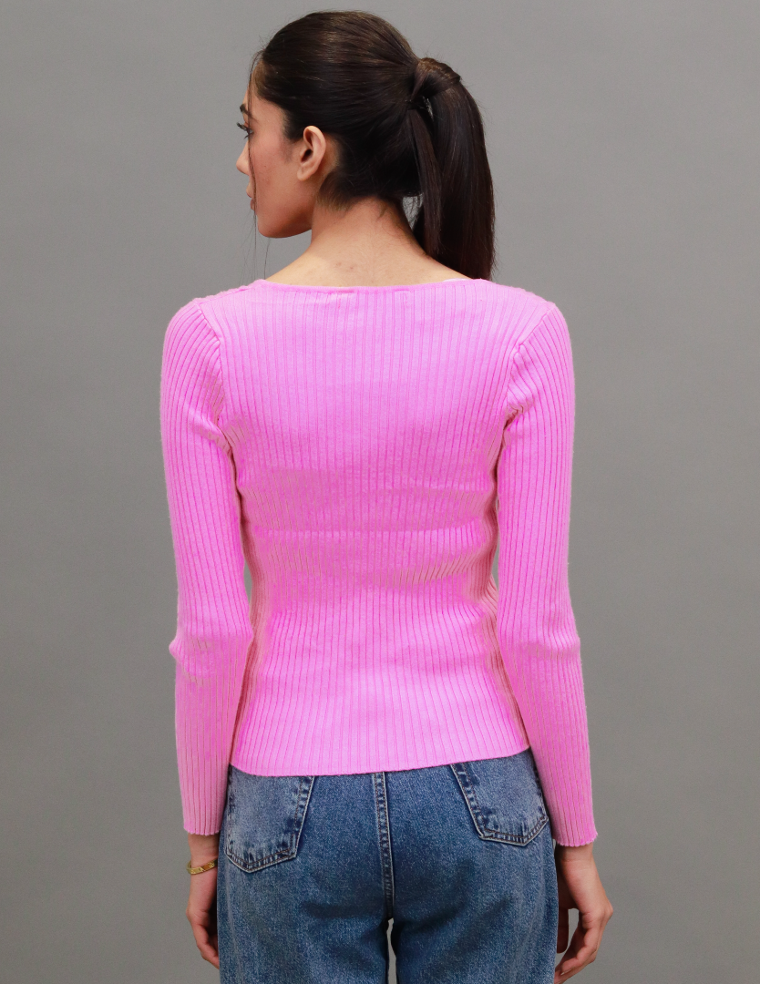 Women Pink V Neck Crop Sweater