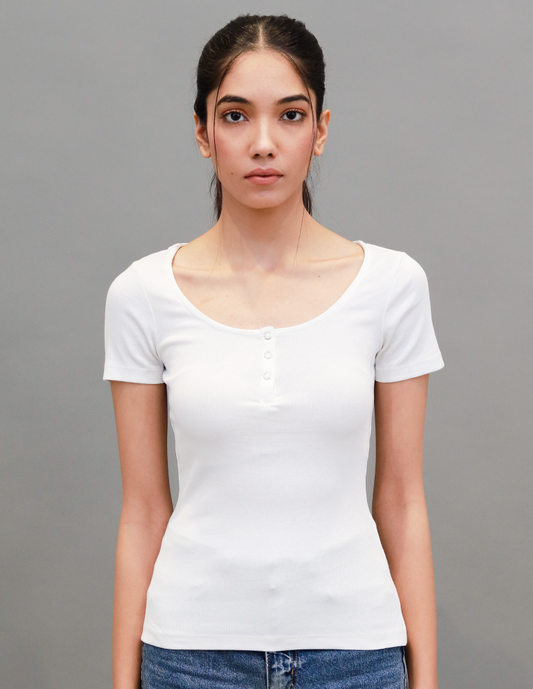 Women White Henley Neck T Shirt