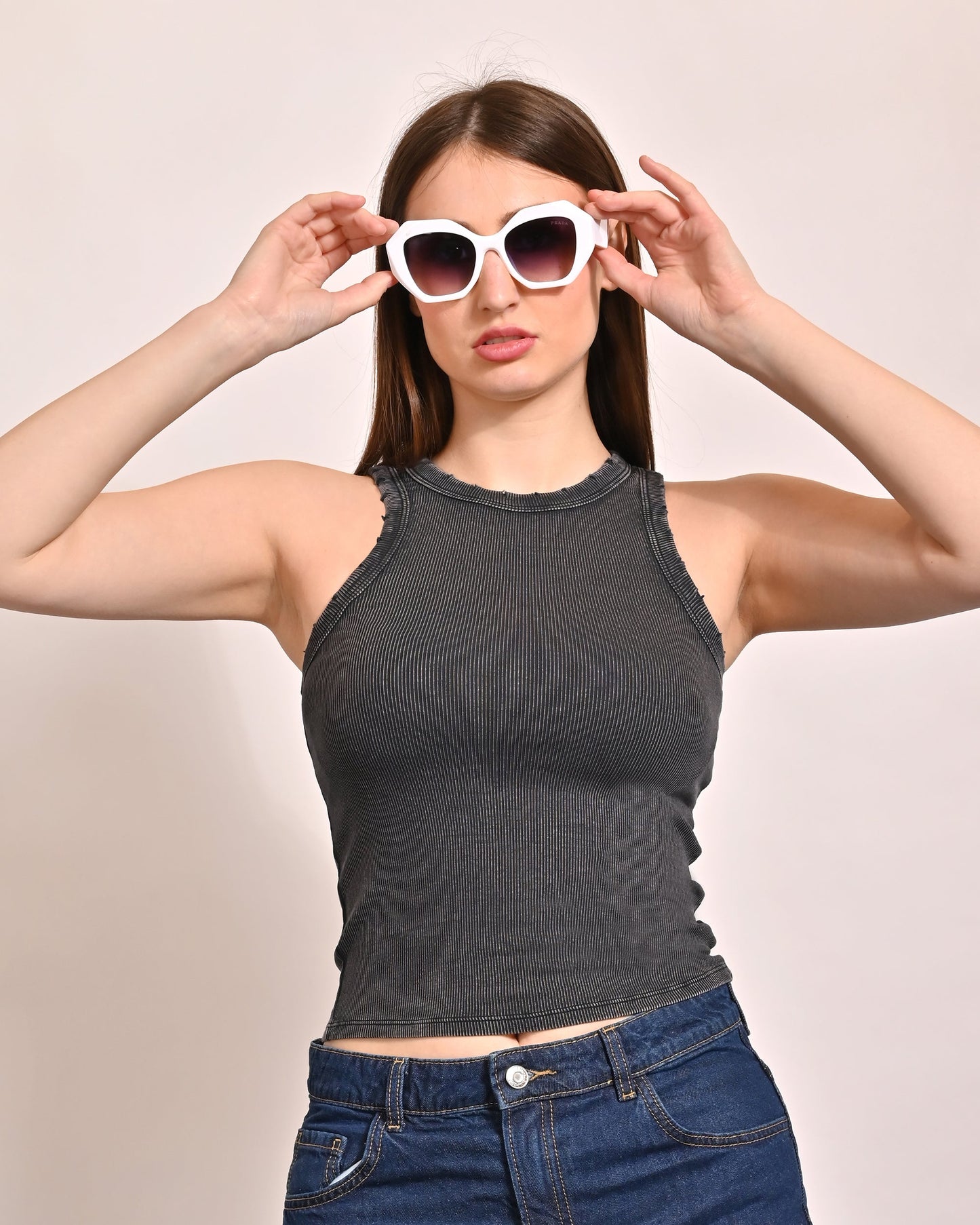 Women Grey & White Sleeveless Crew