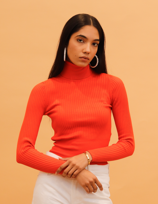 Women Orange Ribbed High Neck