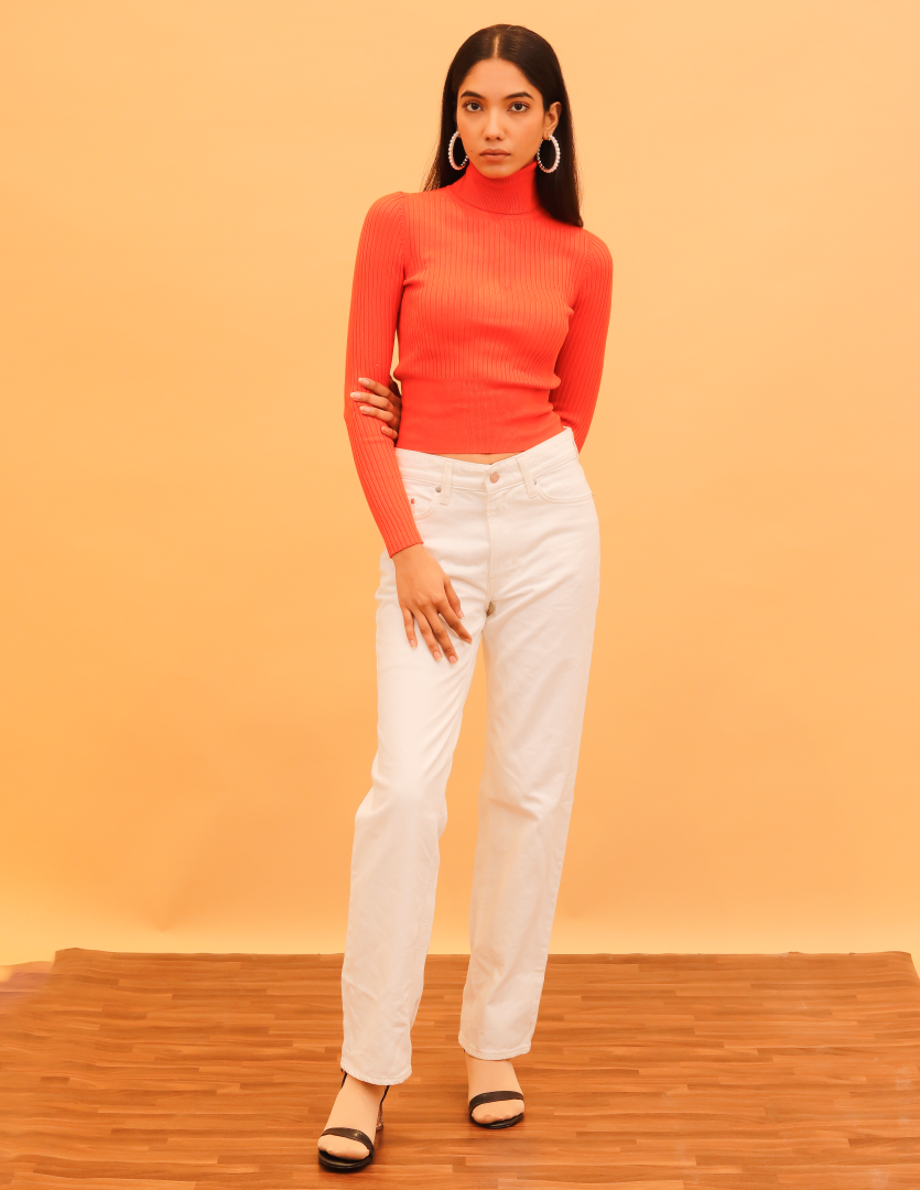 Women Orange Ribbed High Neck