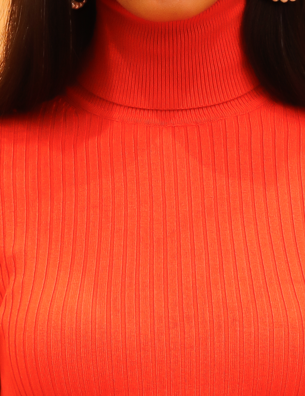 Women Orange Ribbed High Neck