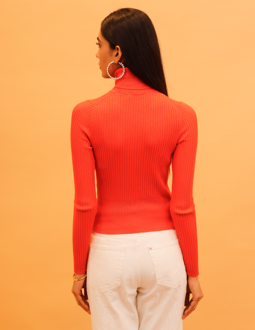 Women Orange Ribbed High Neck