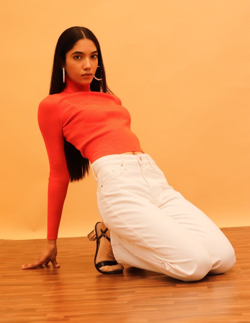 Women Orange Ribbed High Neck