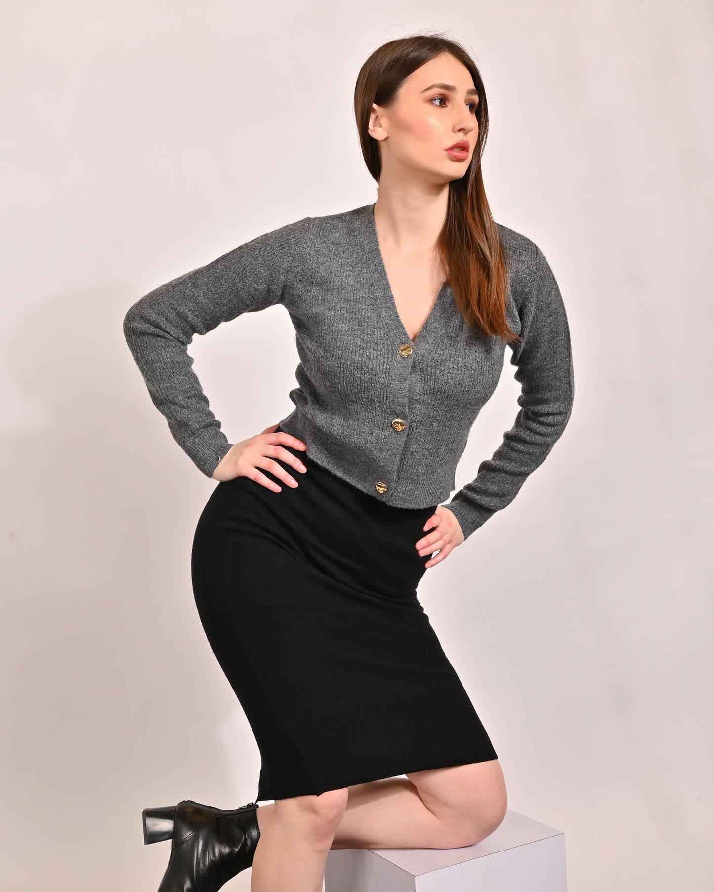 Women Grey V Neck Cardigan