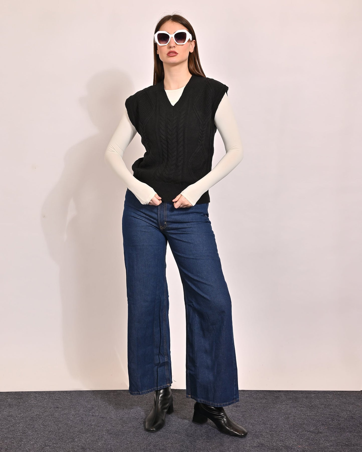 Women Black Cable Knit Vest Sweater