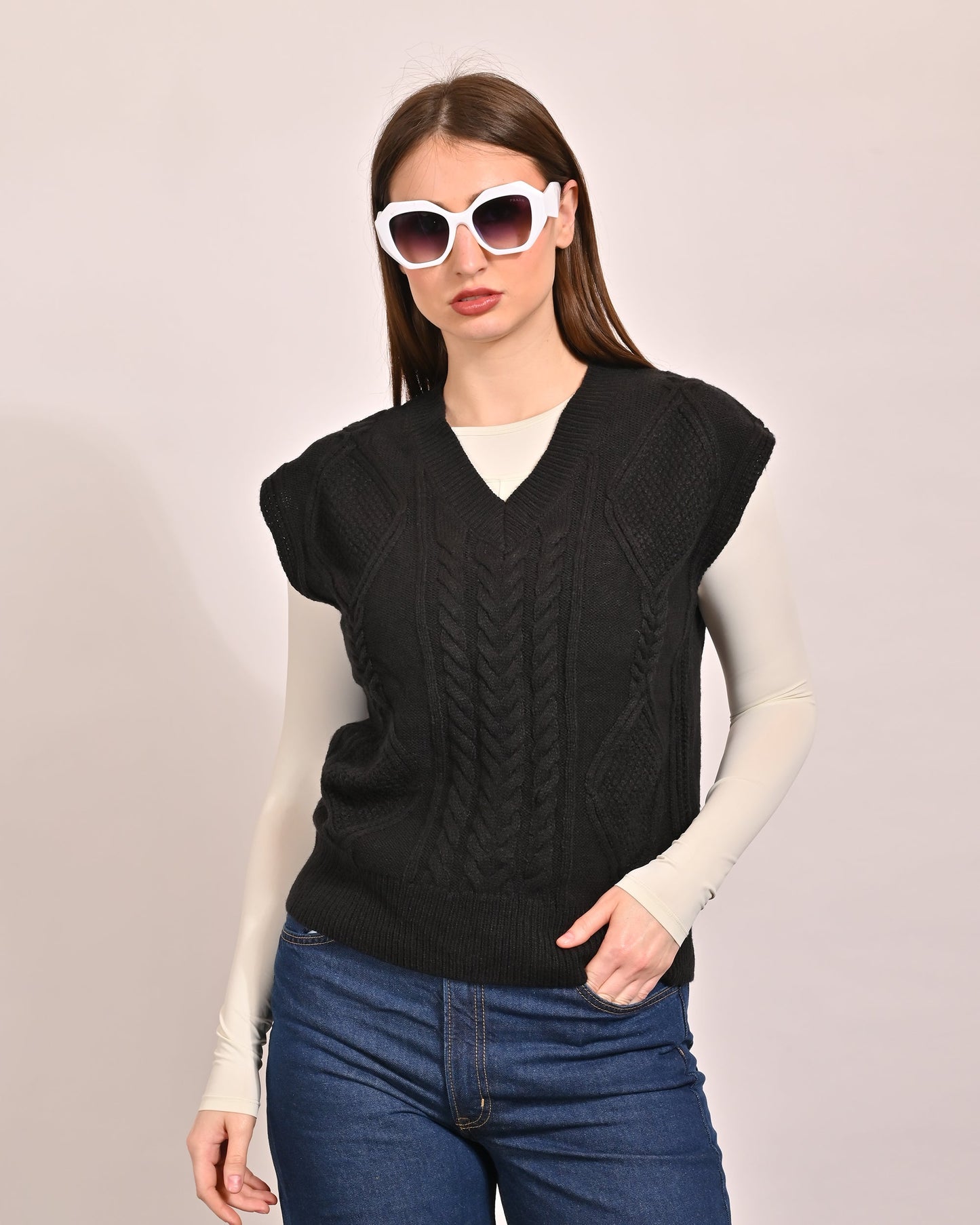 Women Black Cable Knit Vest Sweater