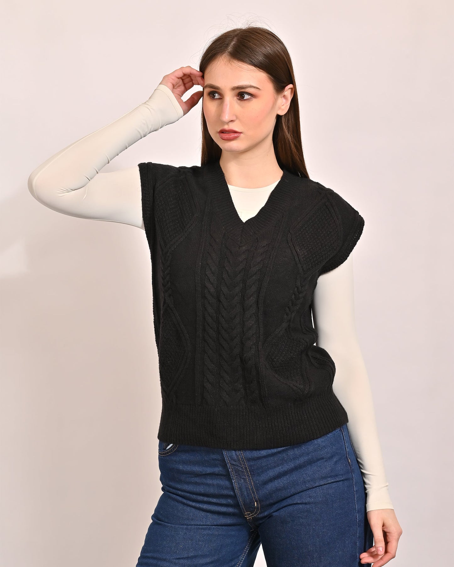 Women Black Cable Knit Vest Sweater