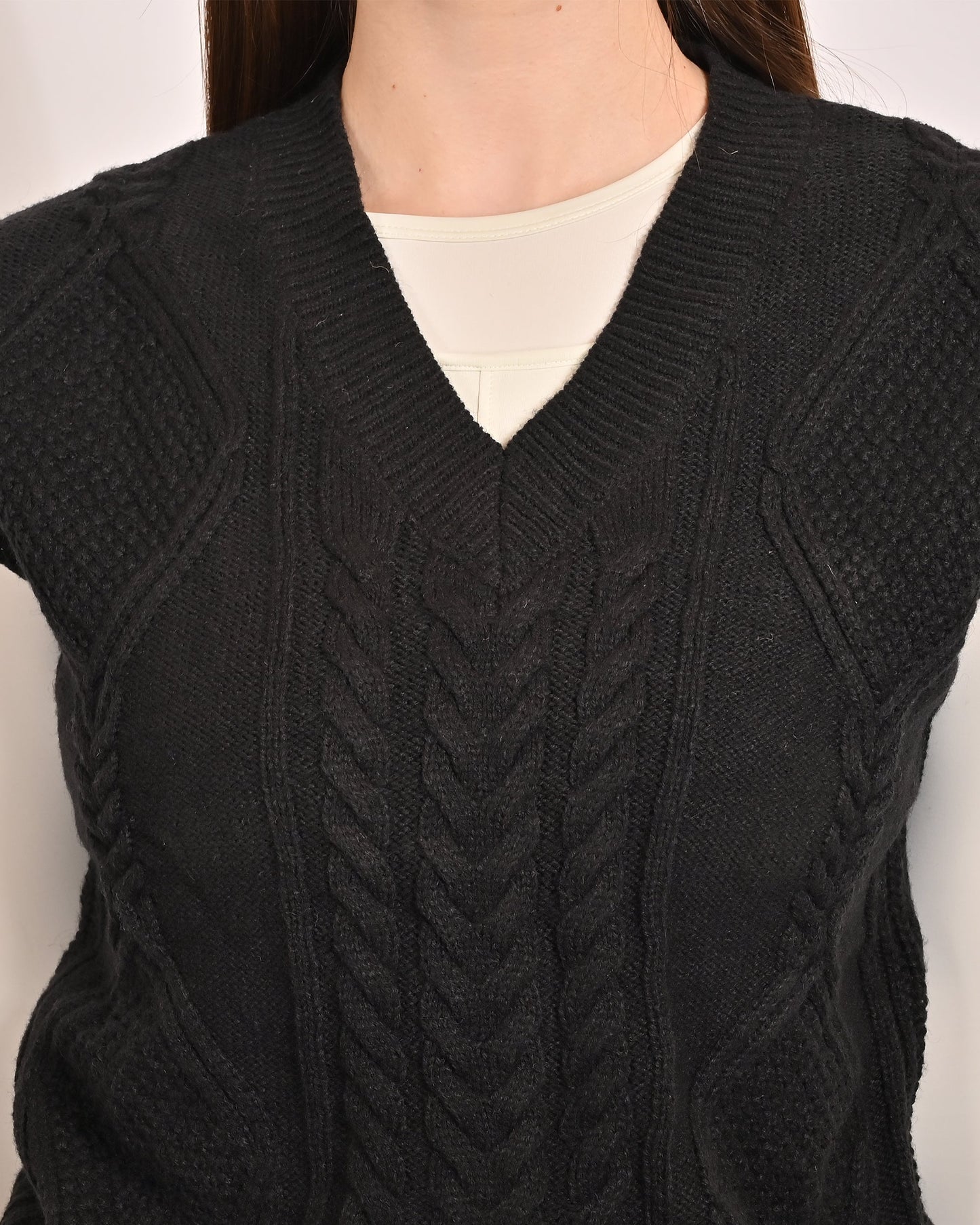 Women Black Cable Knit Vest Sweater