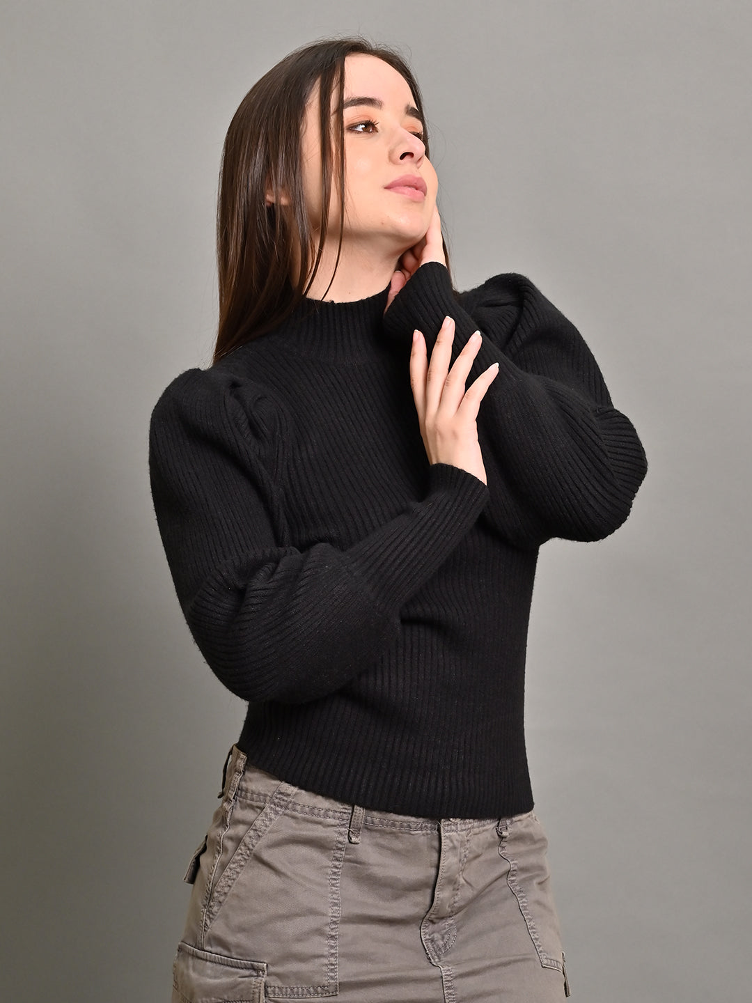 Women Black Puff Sleeve Turtleneck Sweater
