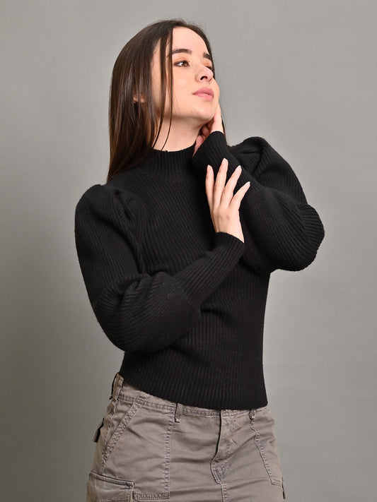 Women Black Puff Sleeve Turtleneck Sweater