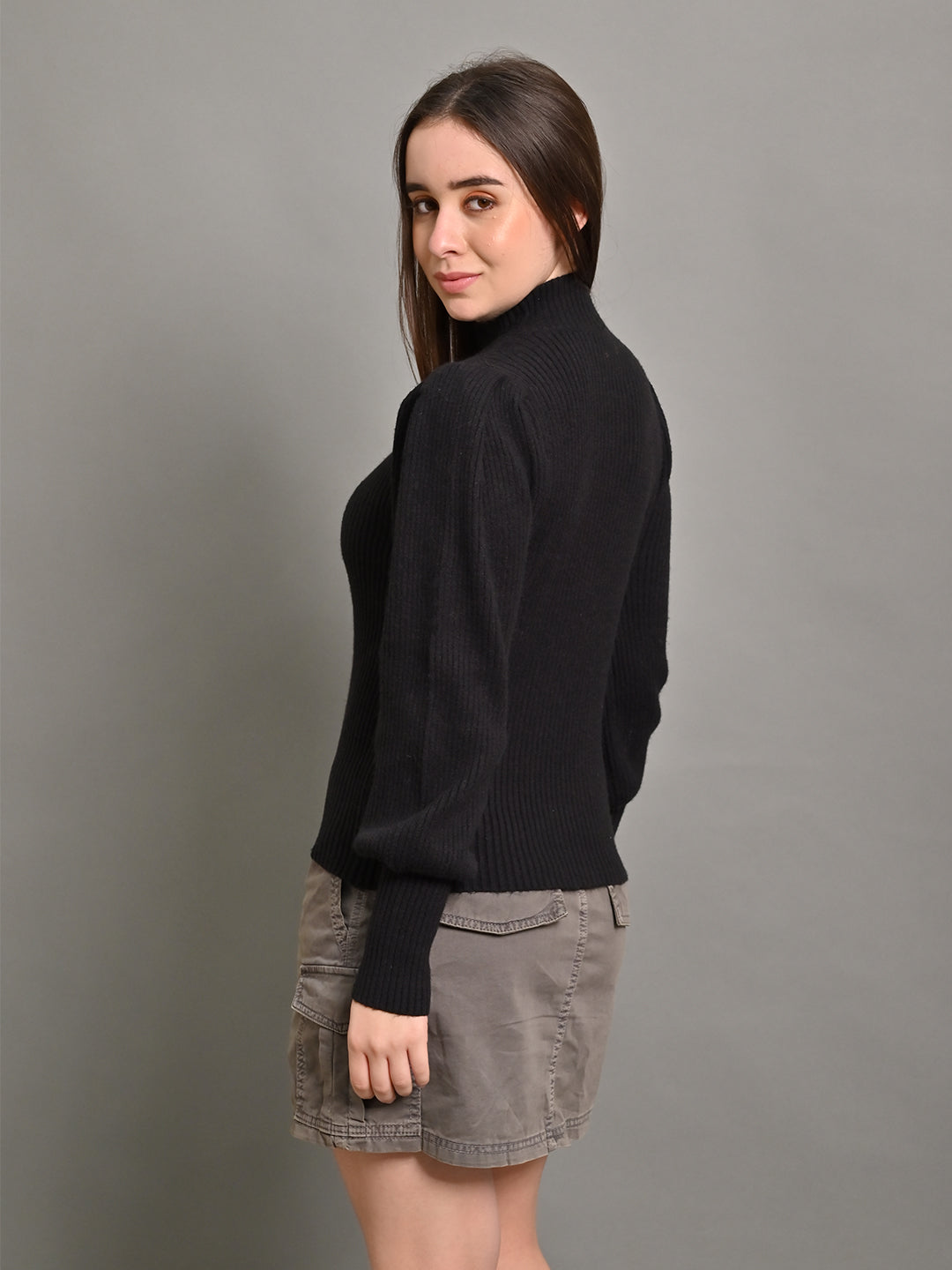 Women Black Puff Sleeve Turtleneck Sweater