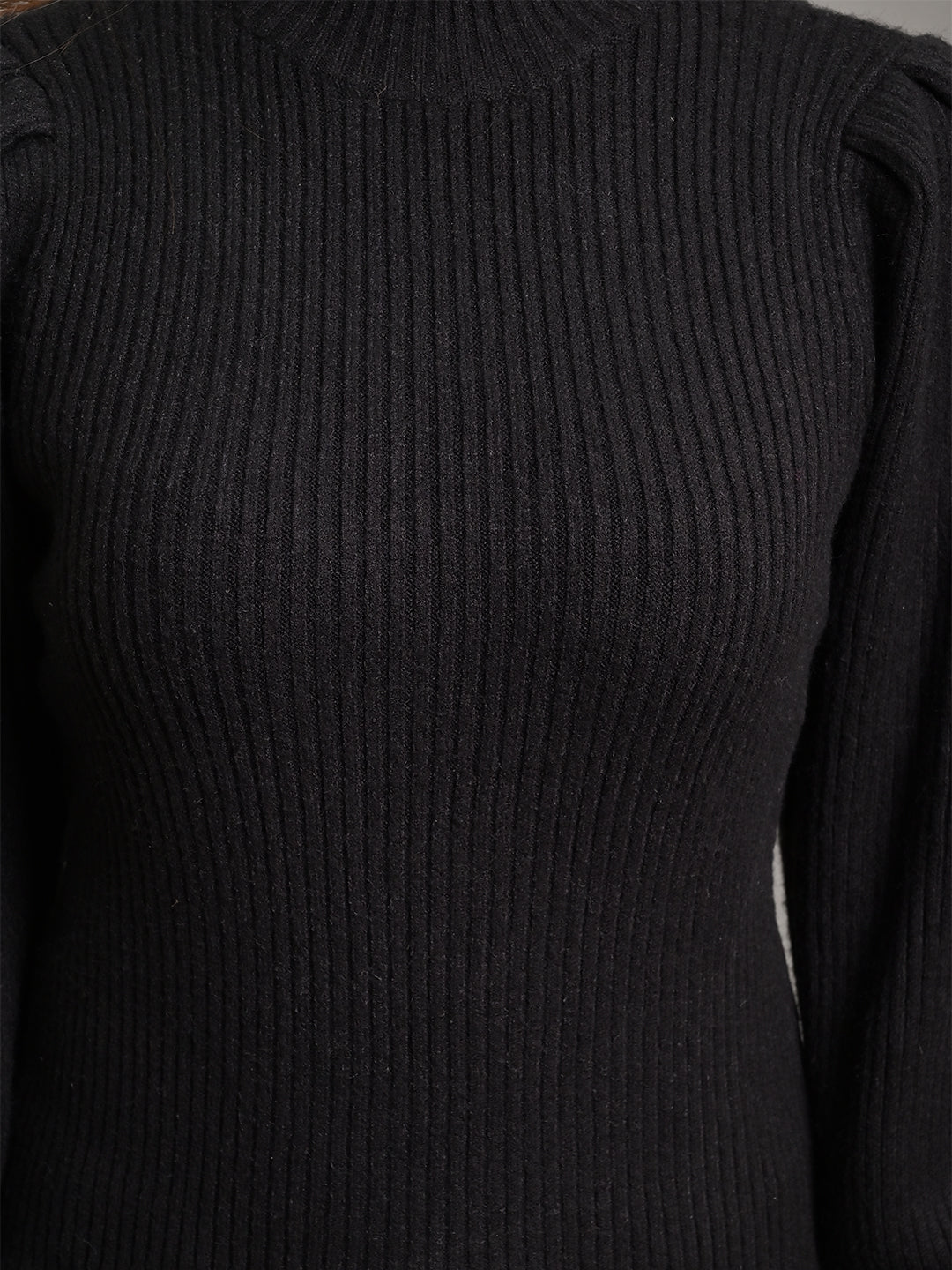 Women Black Puff Sleeve Turtleneck Sweater